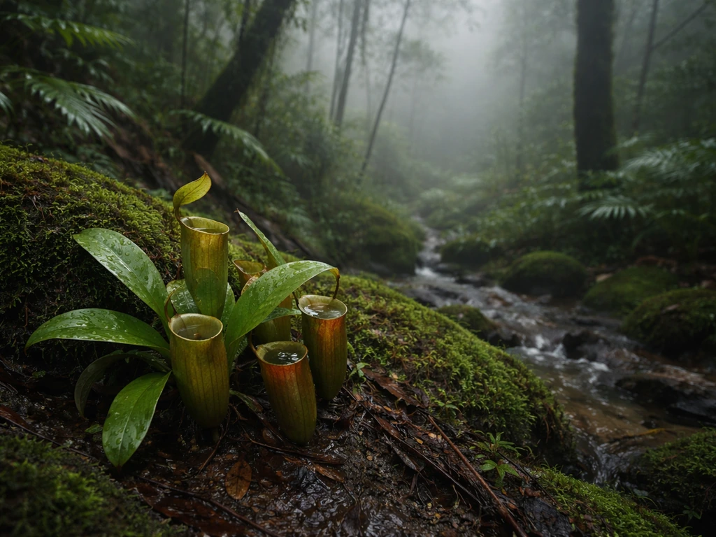 Misty rainforest seep with a Nepenthes-style pitcher plant among wet moss and ferns