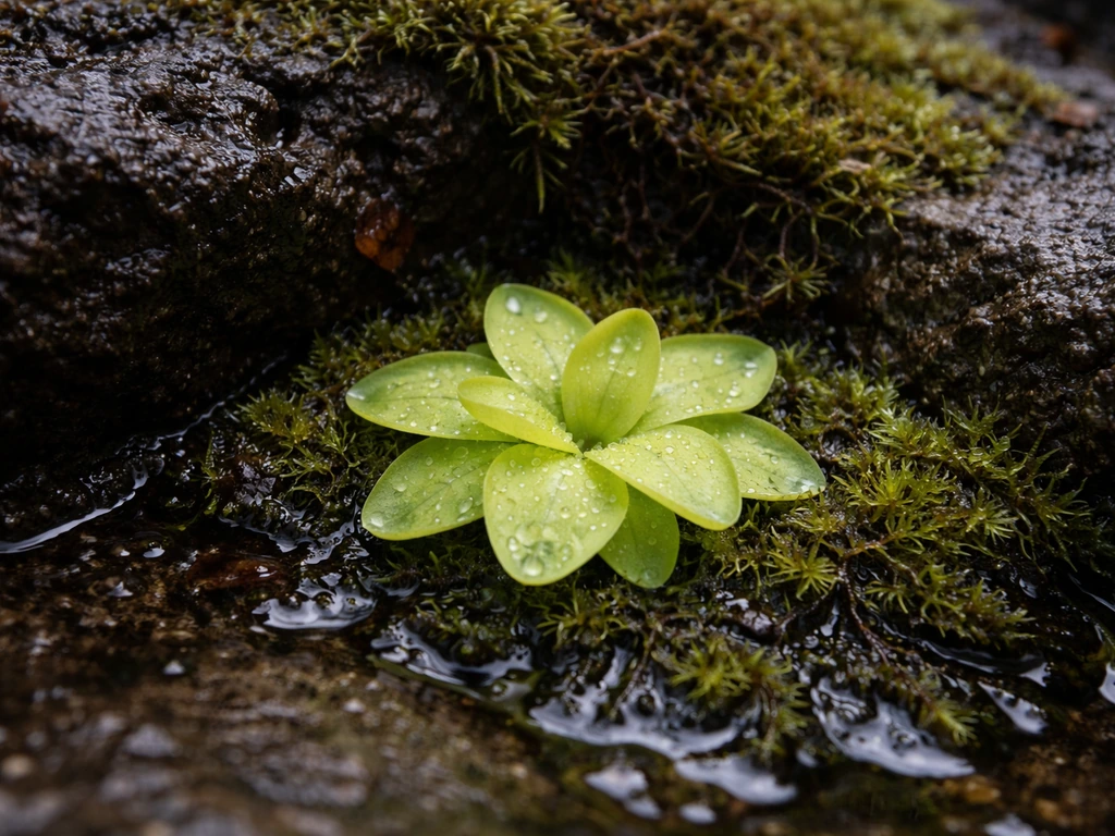 Butterwort-style rosette growing in wet peat bog on an acidic stone ledge with dew droplets.