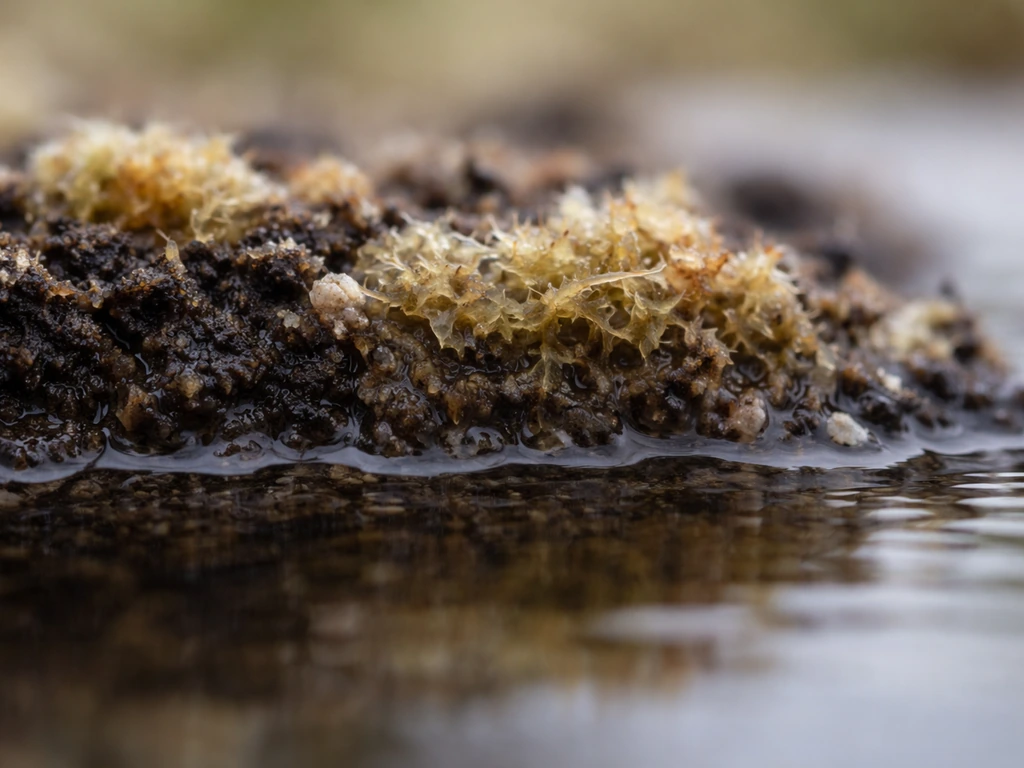 Macro close-up of peat and sphagnum with a clear standing water level showing bog saturation.