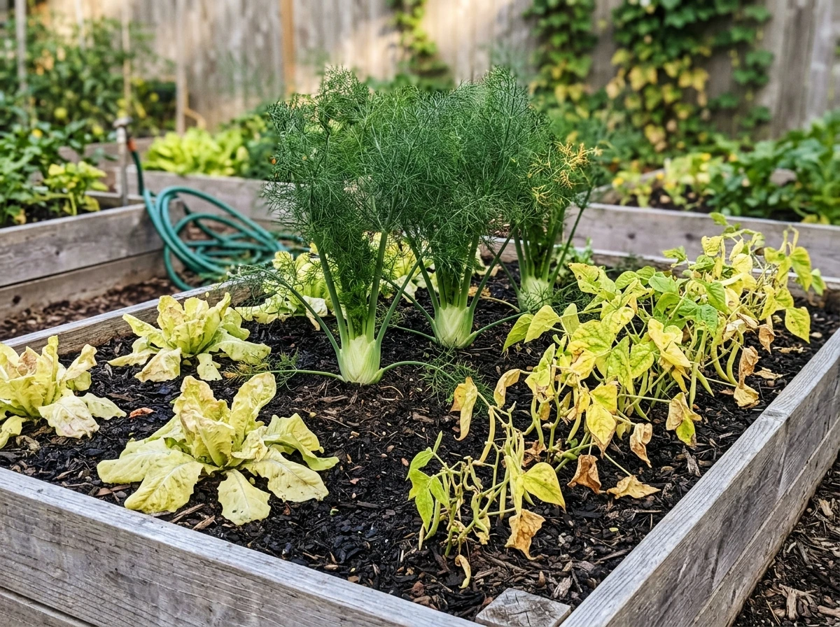 Fennel planted near other vegetables with stressed neighbor plants