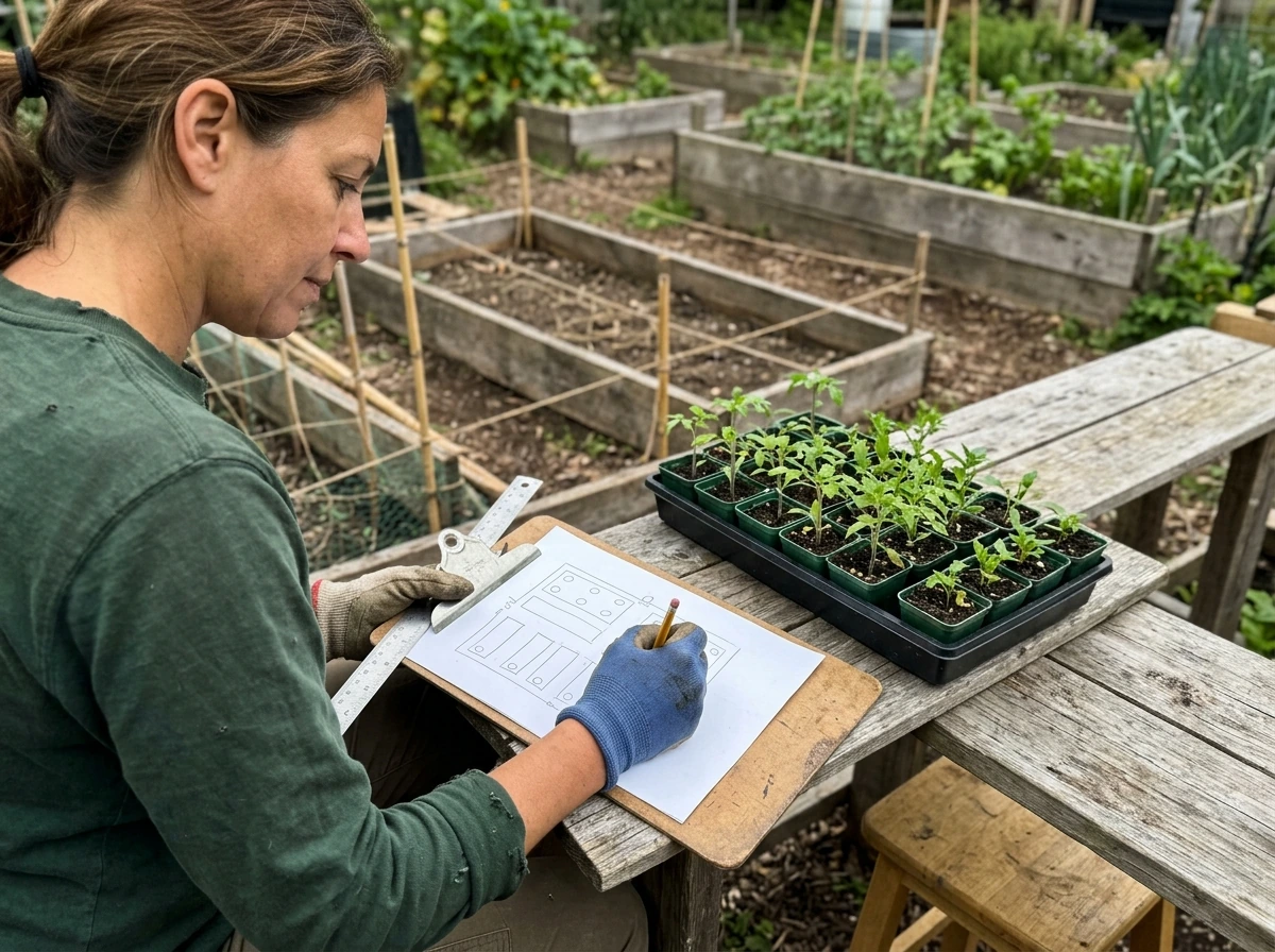 Drawing a companion bed layout on paper beside a prepared garden bed