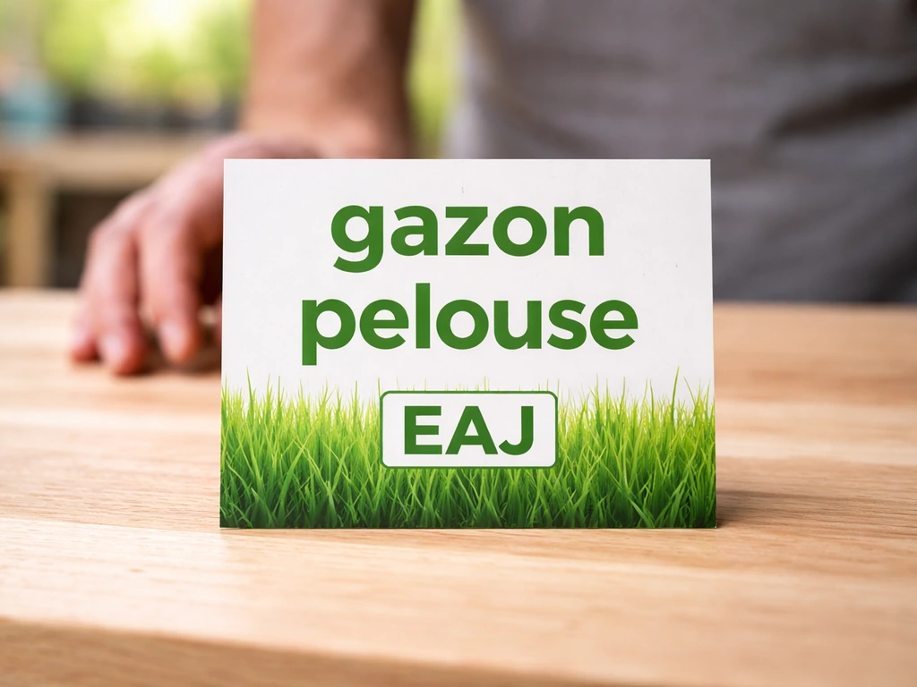Gros plan sur l’étiquette d’un produit de jardin montrant « gazon/pelouse » et « EAJ » à vérifier.