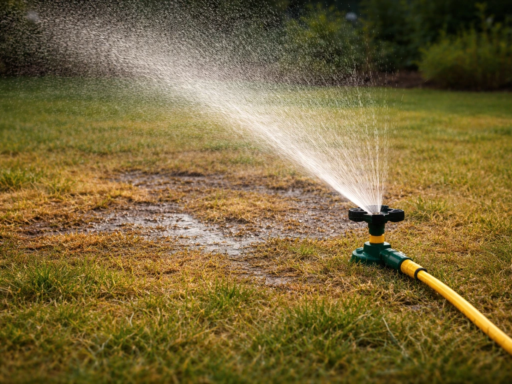 Arroseur projetant de l’eau sur une pelouse jaunie et brûlée, montrant l’humidification immédiate.