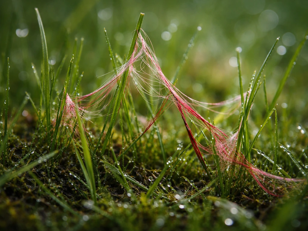 Gros plan de brins de gazon avec des filaments rosés/rouges du fil rouge sur sol humide.