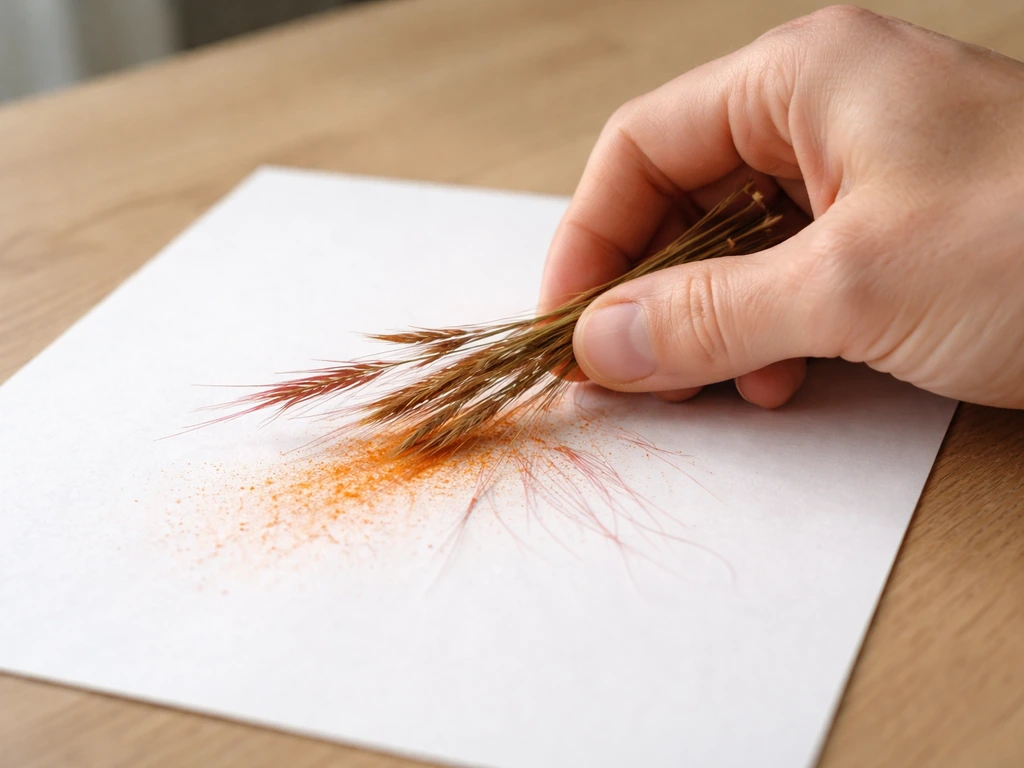 Test du frottis sur une feuille blanche : brins frottés laissant une trace orange et rosée.