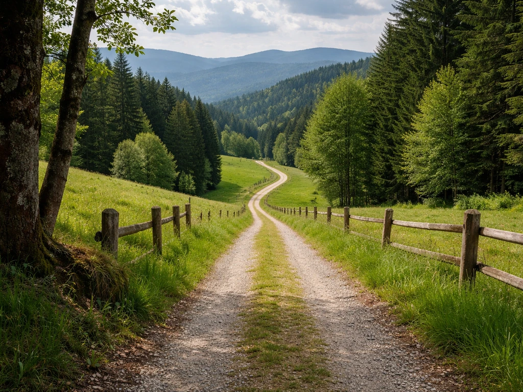 Vue réaliste des Vosges près du lieu-dit Rouge-Gazon, route de campagne et forêt en arrière-plan