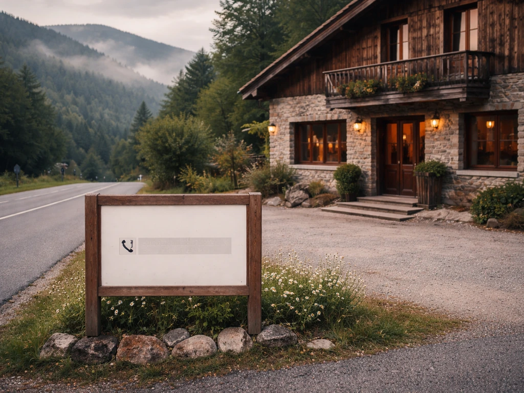 Panneau de contact avec téléphone devant une façade d’hôtel-restaurant en montagne, pour rappeler d’appeler avant.