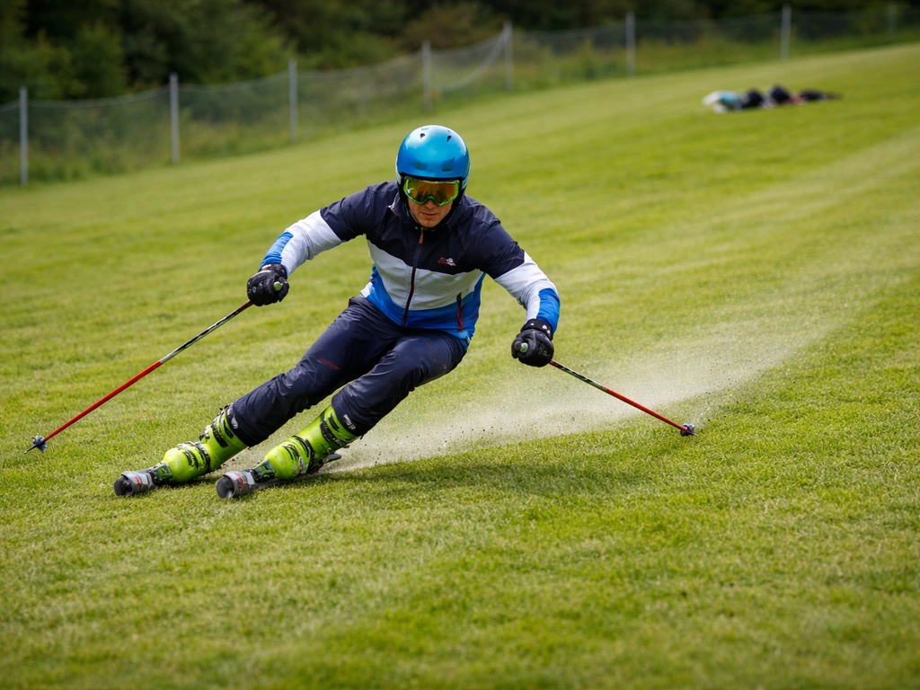Un skieur sur gazon avec skis à rouleaux/brosses, piste d’herbe préparée et piquetage de sécurité en arrière-plan.