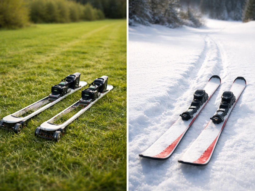 Skis sur herbe avec piste sèche et skis sur neige dans un paysage enneigé, comparaison visuelle.