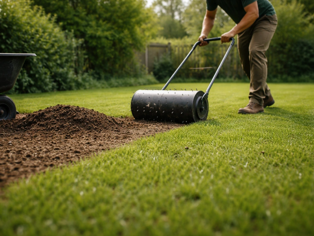 Jardinier qui aère et recouvre une pelouse dense avant une utilisation intensive.