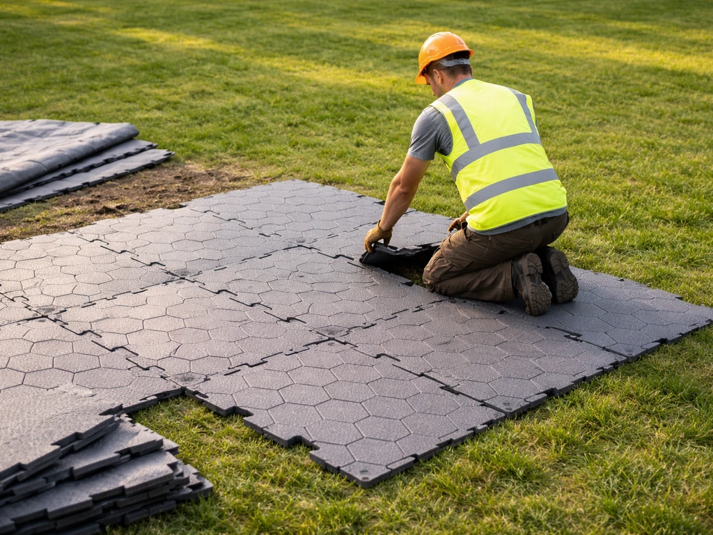 Pose de dalles modulaires de protection sur une pelouse, structure au premier plan, lumière naturelle.