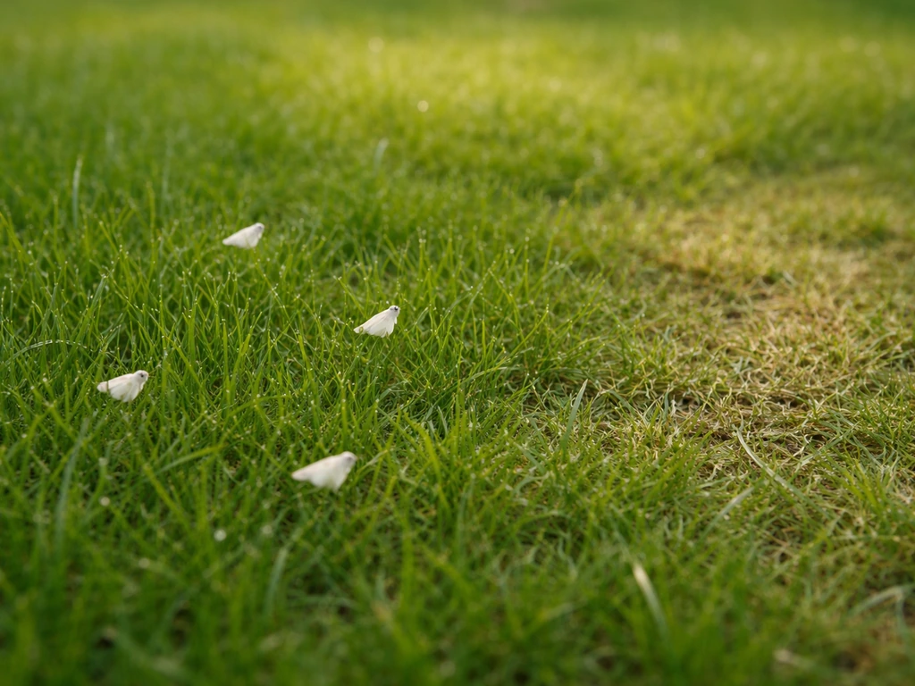 Gazon vert avec de petits papillons blancs visibles, zone saine et zone plus clairsemée au sol