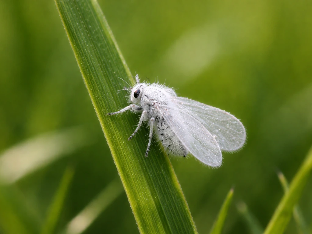 Gros plan d’un petit insecte blanc sur une feuille de gazon, pour distinguer ailes et aspect poudreux