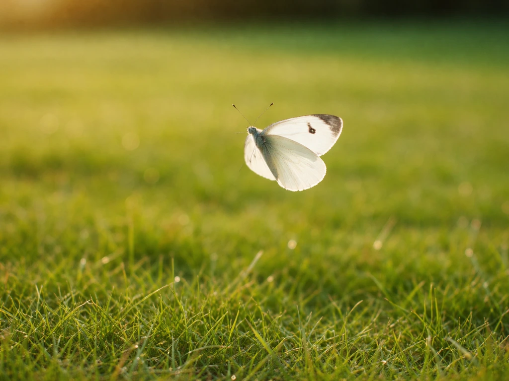 Une piéride du chou blanche en vol au-dessus d’un gazon vert, silhouette nette et aile visible