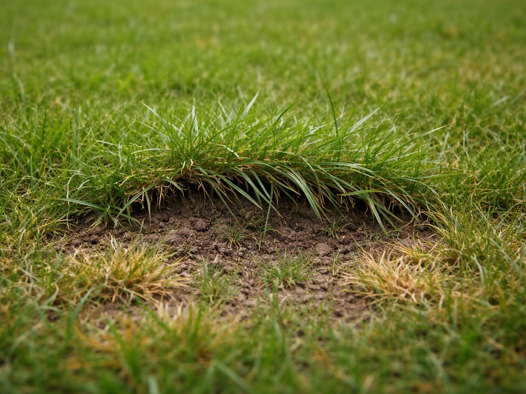 Gazon jaunissant et herbe soulevée par endroits, suggérant des larves sous la surface