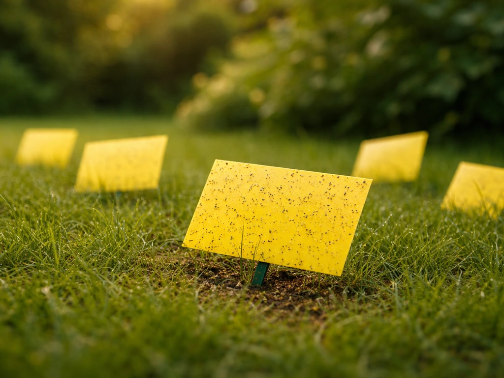 Plaques engluées jaunes posées près du gazon pour détecter les aleurodes, vue rapprochée en extérieur.