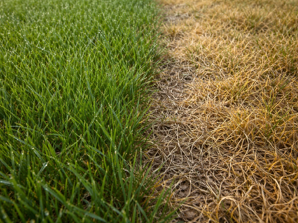 Gros plan sur l’herbe : brins grisâtres puis jaunissement/brunissement localisé, limite nette avec la zone intacte.
