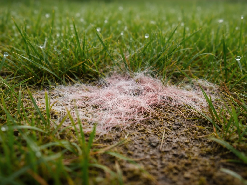 Gros plan sur une pelouse humide avec des plages blanchâtres rosées et des filaments typiques du fil rouge.