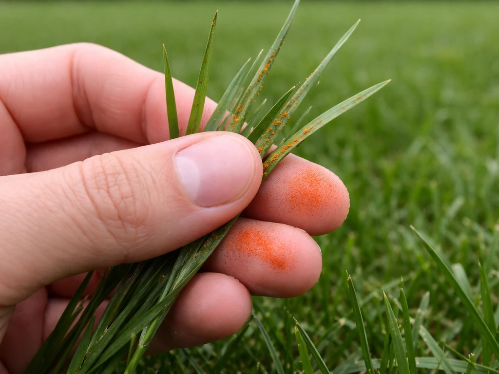 Gros plan d’une main tachée orange/rouge brique après frottement de feuilles de gazon atteintes de rouille.
