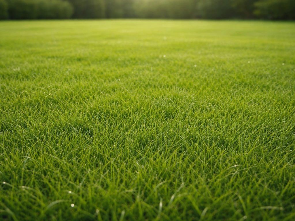 Pelouse dense et bien verte en France, vue légèrement en plongée, aspect régulier et propre, sans personne.