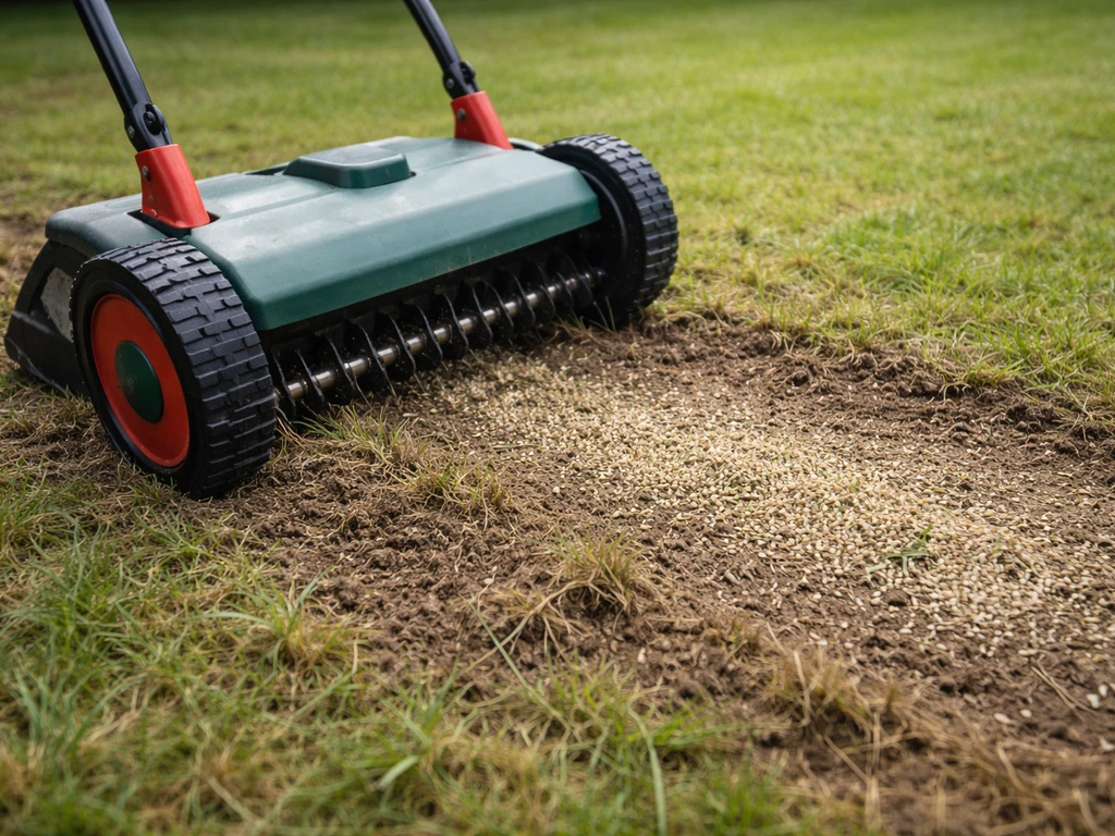 Scarificateur qui passe sur un gazon abîmé, graines de gazon légèrement visibles au sol