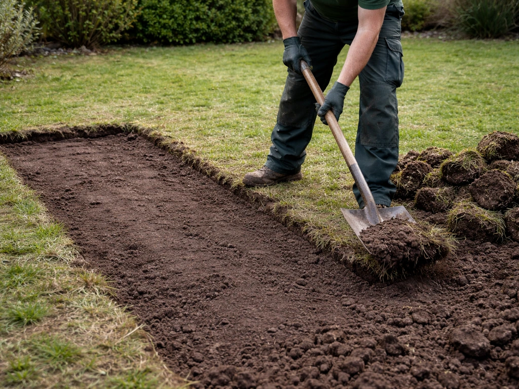 Jardinier anonyme préparant un sol nu après décaissement d’une ancienne pelouse dans un jardin.