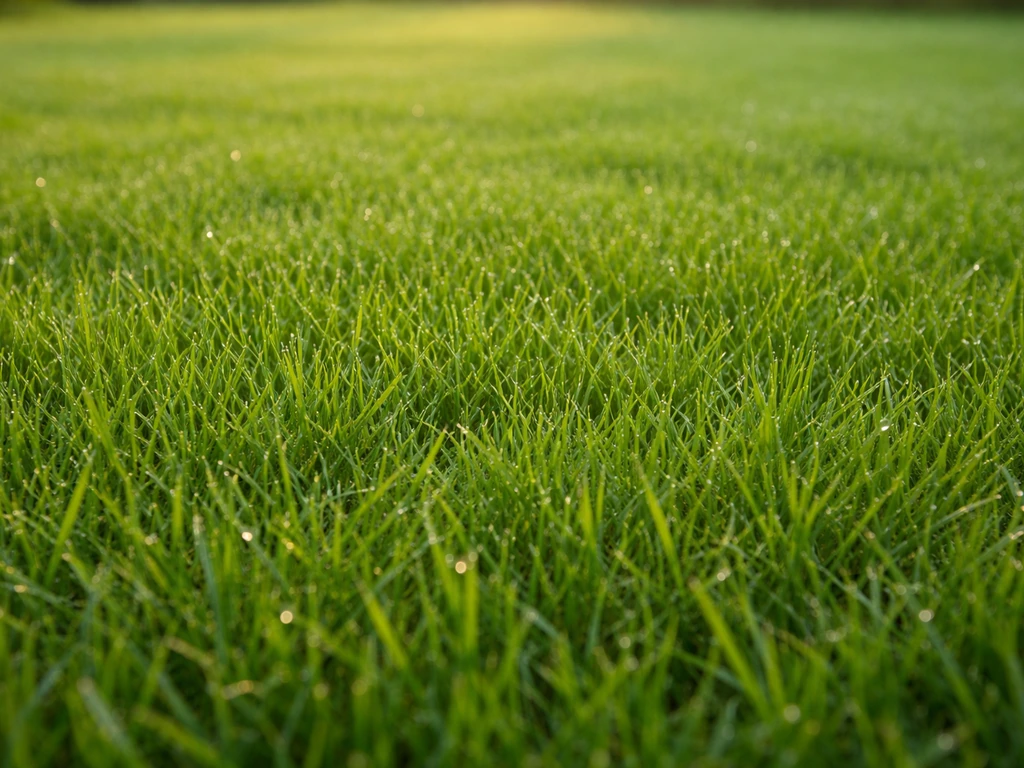 Gros plan d’une pelouse dense et homogène, brins verts nets et texture régulière, lumière naturelle.