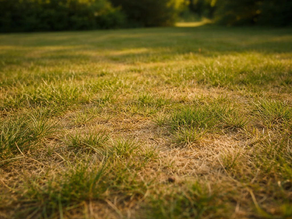 Pelouse réelle en été avec zones jaunies et herbe moins verte, texture et taches visibles.