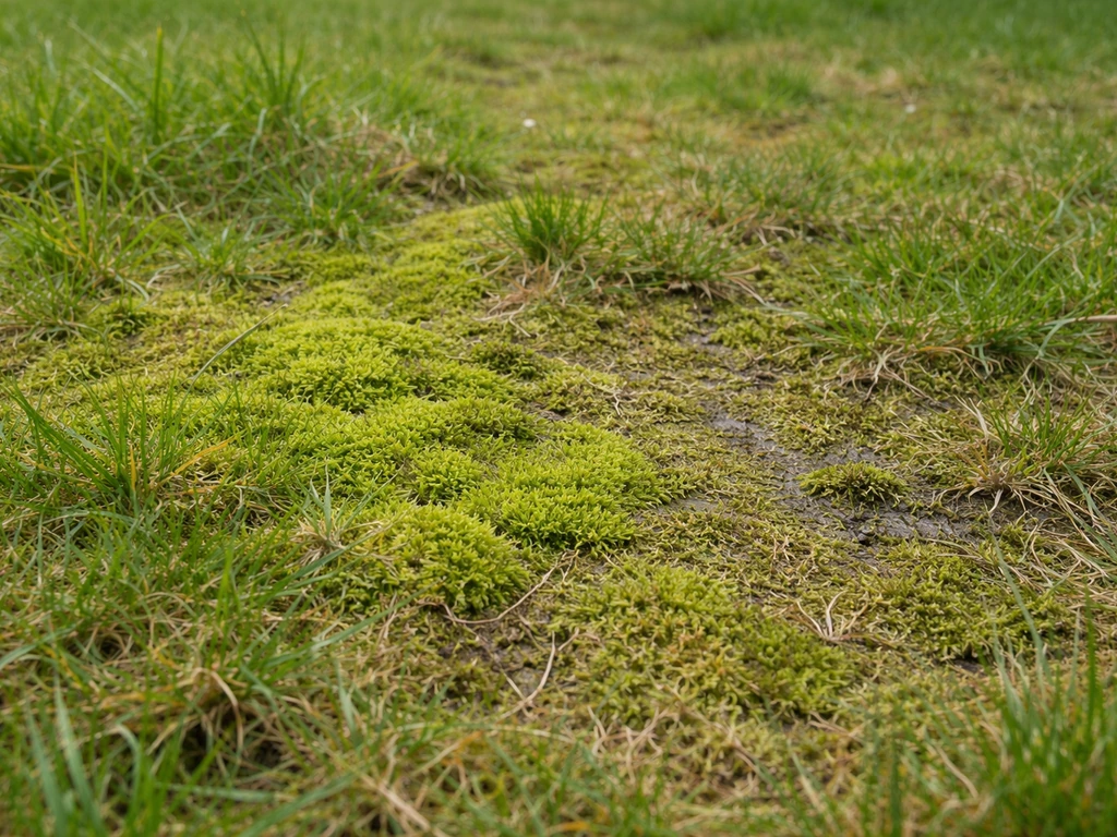 Gros plan d’une pelouse avec mousse envahissante et zones feutrées/compactées, herbe étouffée.