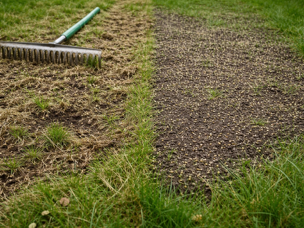 Jardin avant/après : scarification au râteau puis sursemis sur une pelouse, sol visible et texture nette.