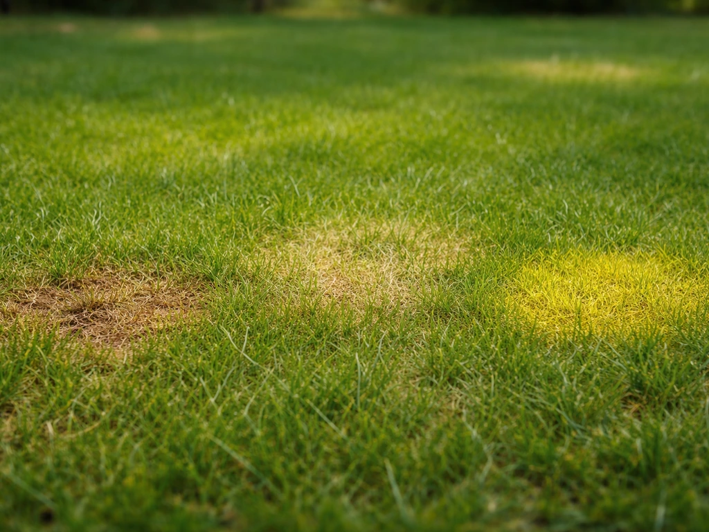 Pelouse avec plusieurs taches jaunes distinctes, dont une zone brûlée et une zone clairsemée à comparer.