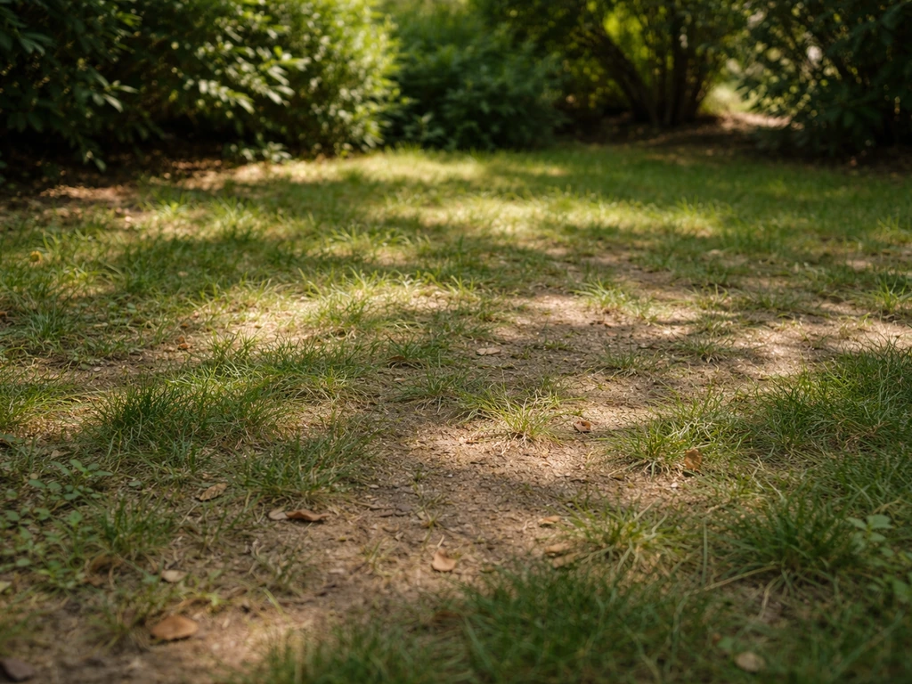 Jardin en mi-ombre avec pelouse verte clairsemée et sol léger, suggérant un semis de fétuque rouge