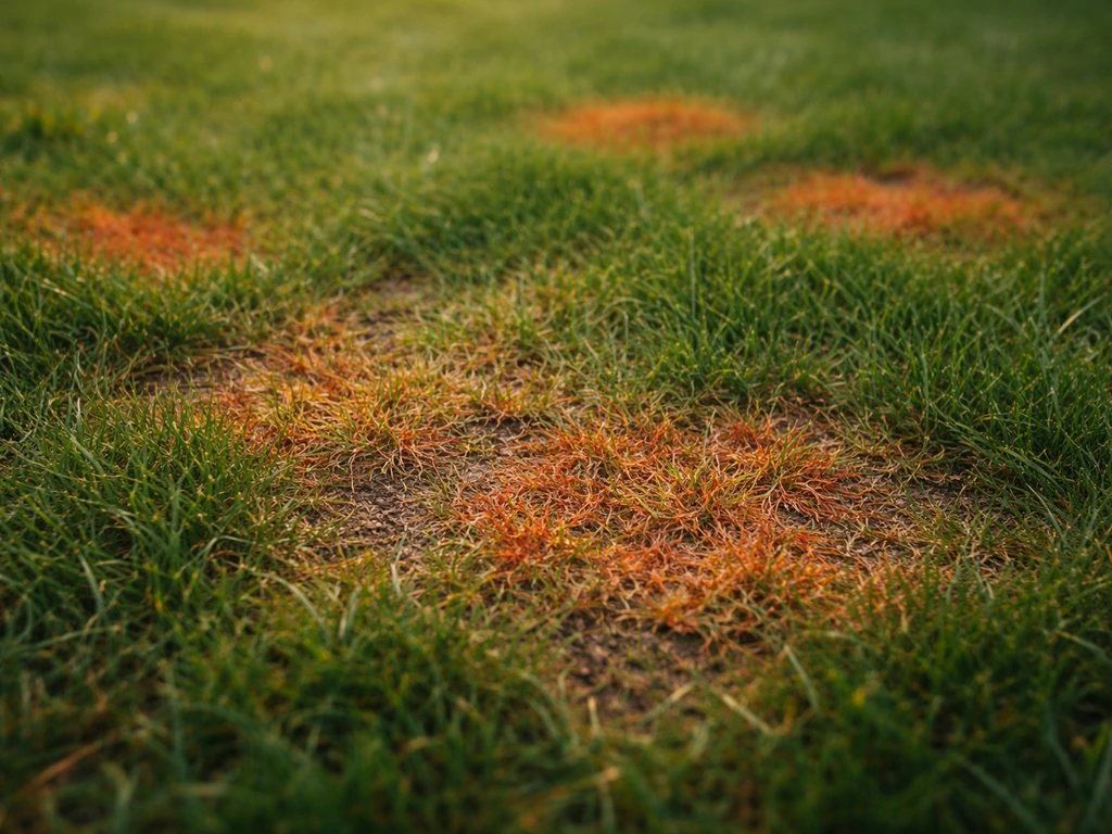 Pelouse en France avec des foyers rouges rouille visibles entourés d’herbe plus verte.
