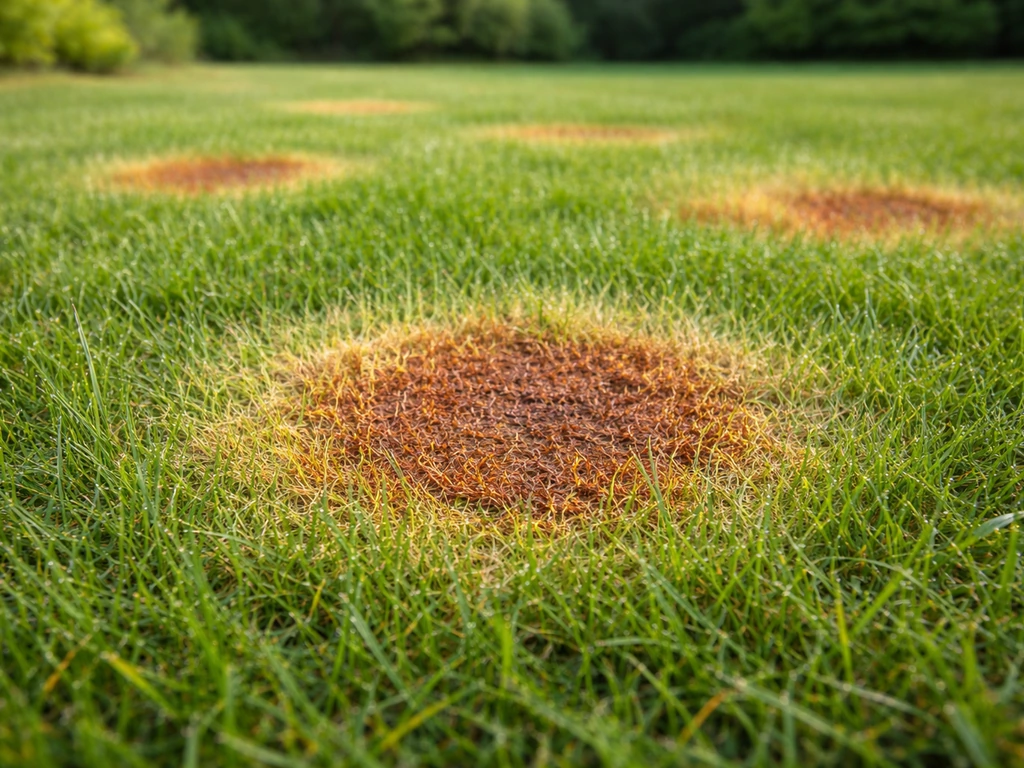 Gros plan d’une pelouse avec foyers rouille/rougeâtre circulaires contrastant avec l’herbe verte
