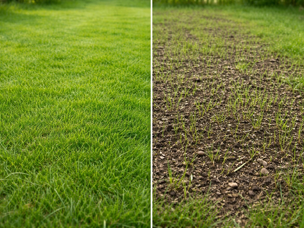 Gazon avant/après sur la même zone : hauteur de tonte correcte puis ressemis visibles, vue rapprochée au jardin.