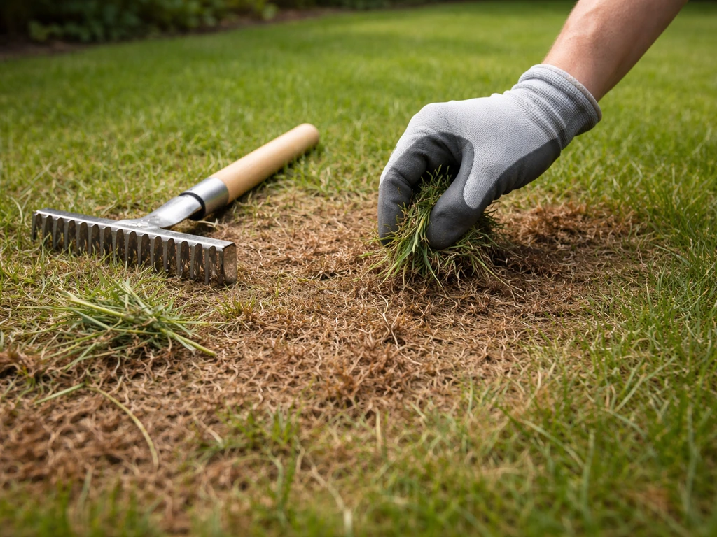 Main gantée retirant de petites mauvaises herbes dans une zone rougie du gazon, avec un outil de scarification à côté.