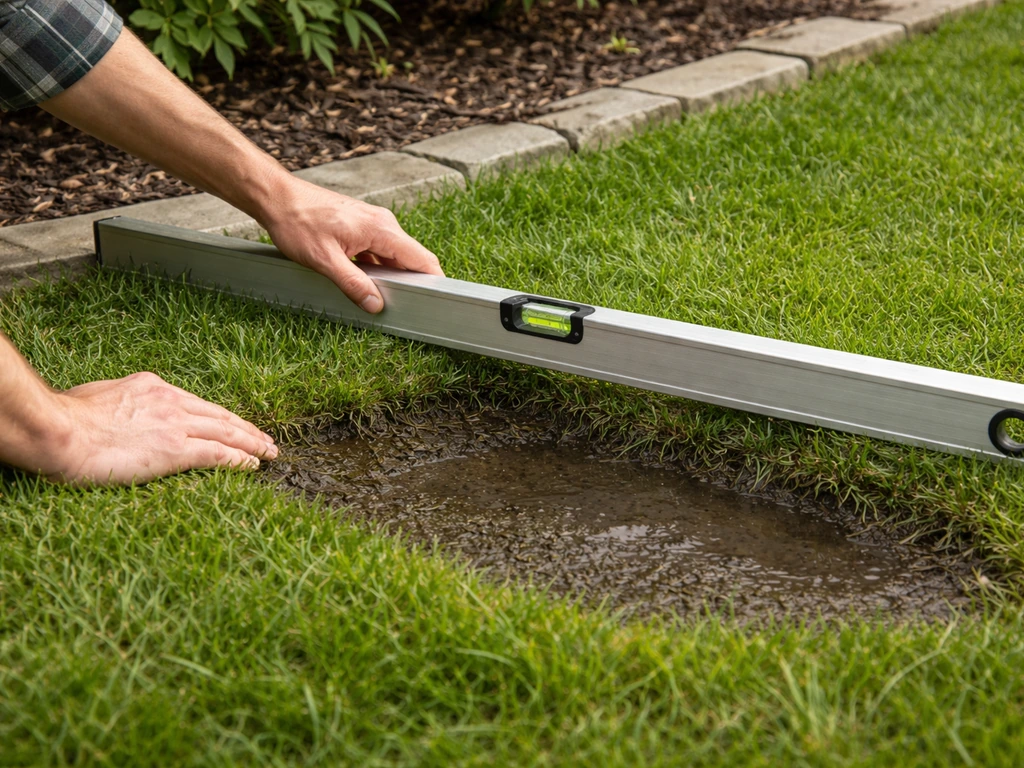 Des mains posent une règle avec niveau à bulle sur la bordure, révélant un léger creux favorisant la flaque et la mousse