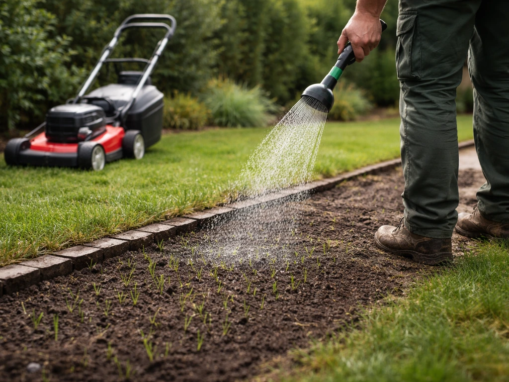 Un jardinier arrose au jet fin une zone regarnie, puis prépare la première tonte en bordure.