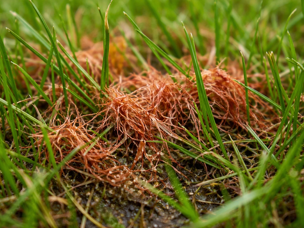 Macro d’une pelouse avec taches roussâtres/cuivrées typiques du rouge gazon et texture des brins visible.