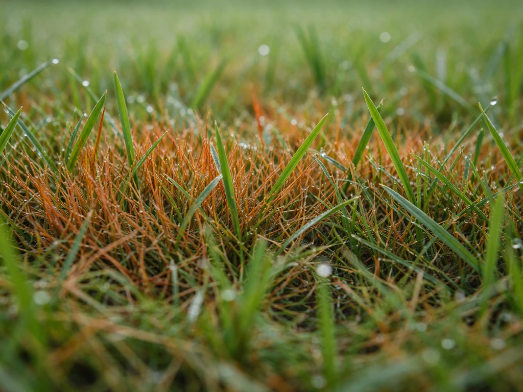Gros plan sur des brins d’herbe roux cuivrés, montrant des zones atteintes dans une pelouse