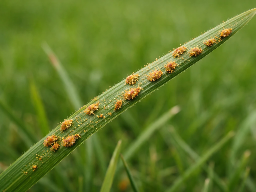 Gros plan de petites pustules orange à brun-rouille sur des feuilles d’herbe, effet rouille
