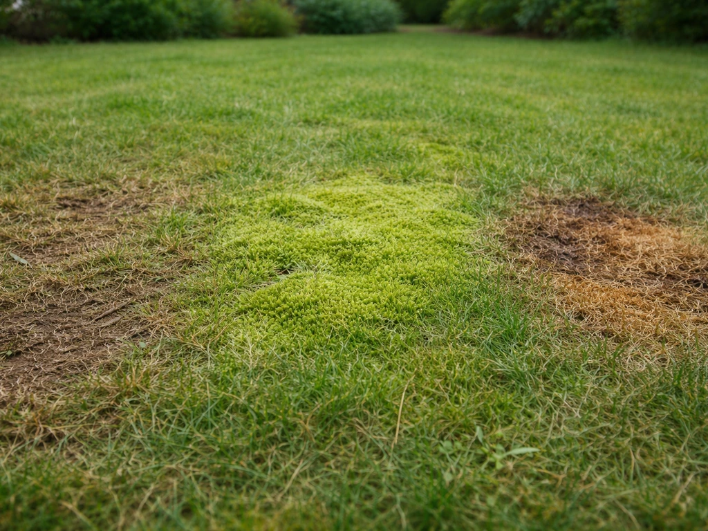Pelouse avec trois zones : herbe piétinée, mousse en surface, et taches roussâtres décolorées.