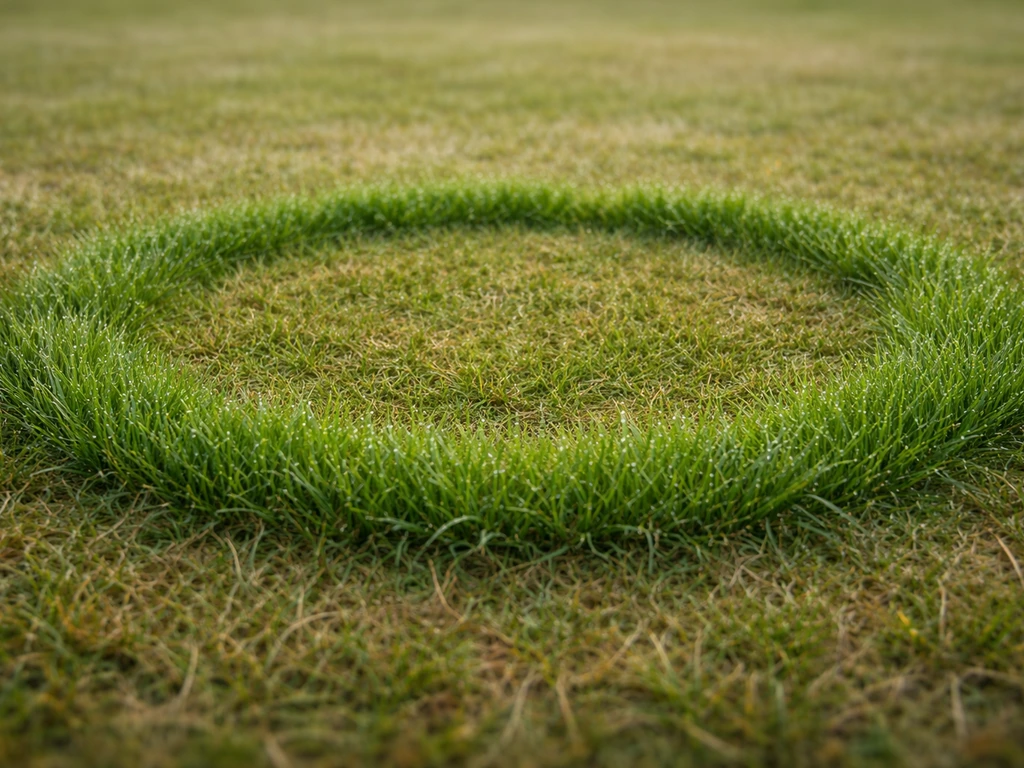 Gazon : anneau d’herbe plus verte formant un rond de sorcière, vu de près au ras du sol.