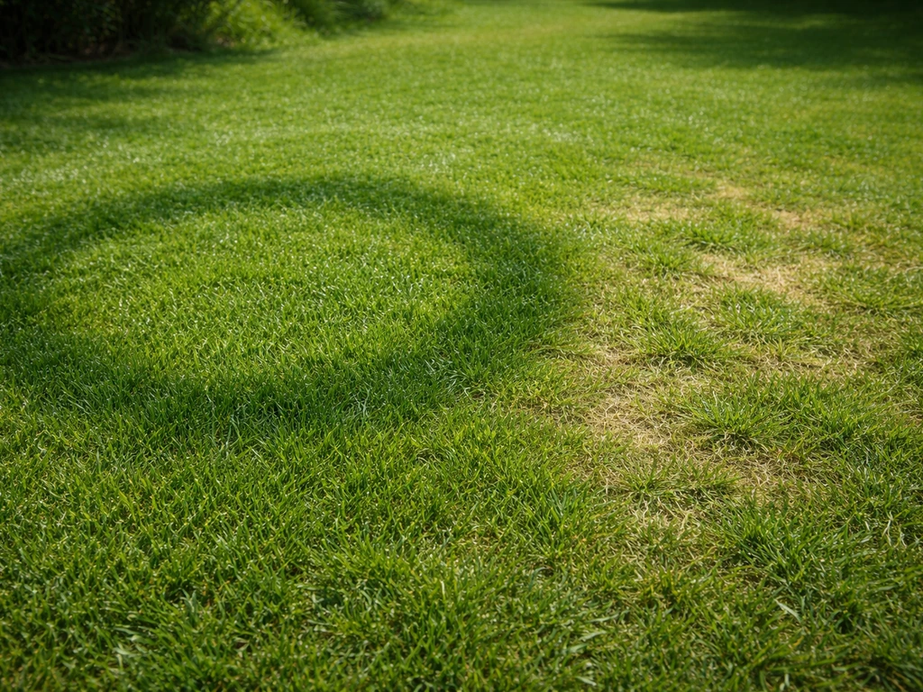 Pelouse montrant un rond vert foncé à bord net à côté d’une zone irrégulière plus claire.