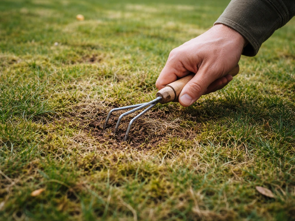 Gros plan d’une pelouse avec mousse et feutrage, main tenant un petit outil de jardinage pour gratter légèrement.