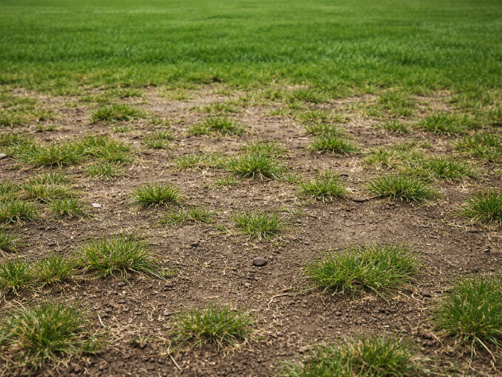 Zone de pelouse clairsemée avec plaques nues de terre visibles, contraste avec le reste du gazon plus dense.