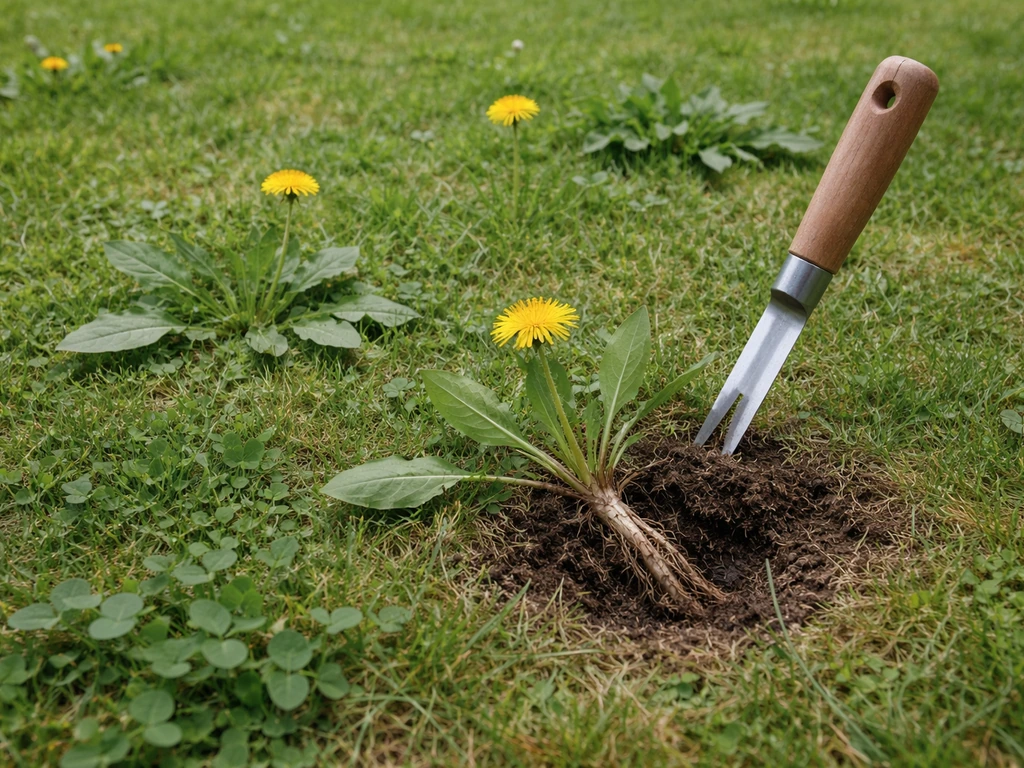 Gazon avec pissenlits, plantain et trèfle, et extraction d’une racine à la gouge, terre fraîchement soulevée.