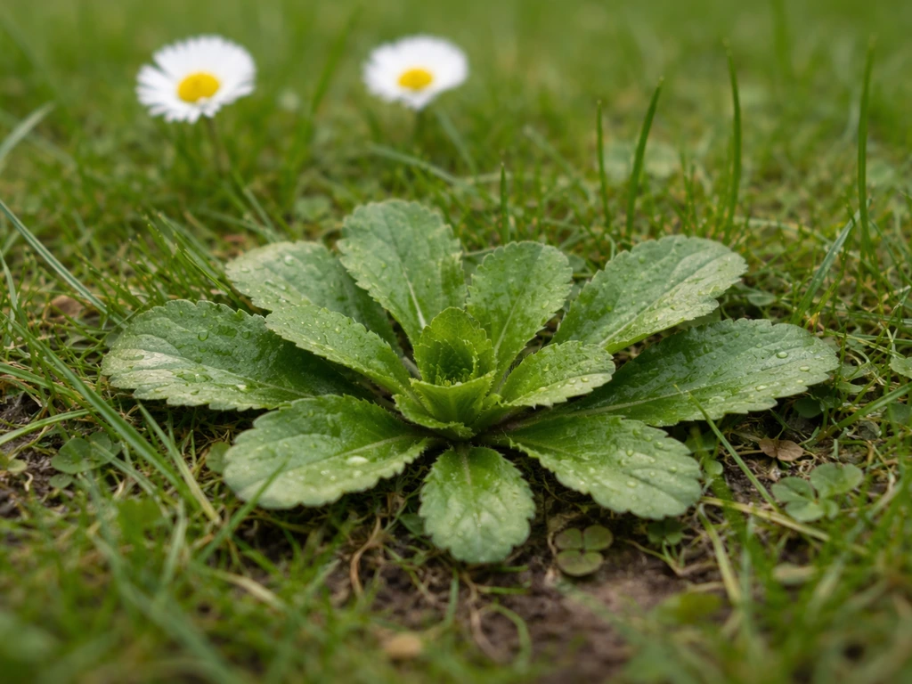 Rosette basale de pâquerette dans le gazon, feuilles au sol, fleurs de Bellis perennis en arrière-plan flou.