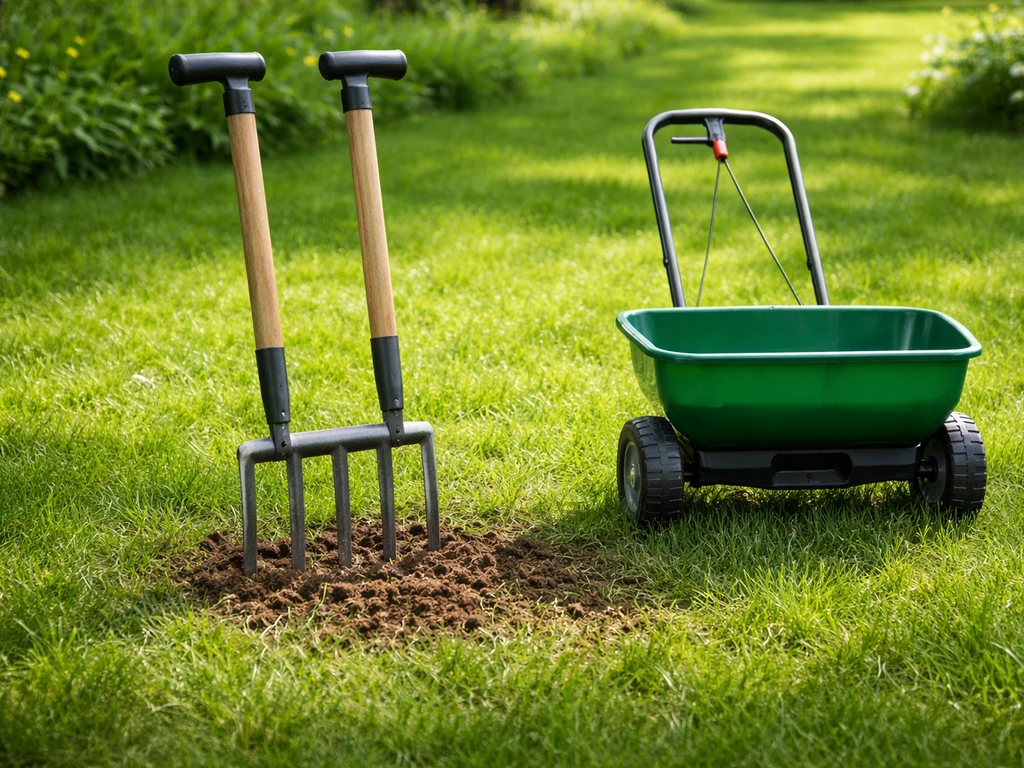 Fourche à aérer et épandeur sur un gazon au printemps, herbe légèrement soulevée par l’aération.