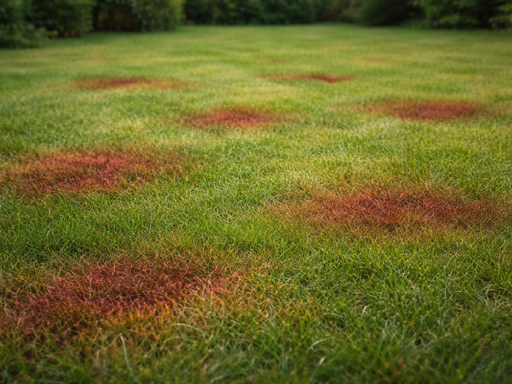 Pelouse avec plusieurs zones rouge-brun nettes, herbe verte autour, aspect progressif d’une “incendie rouge”.